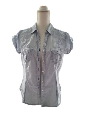 Divided By H&M Blue & White Pinstripe Short Sleeve Button-Up Blouse